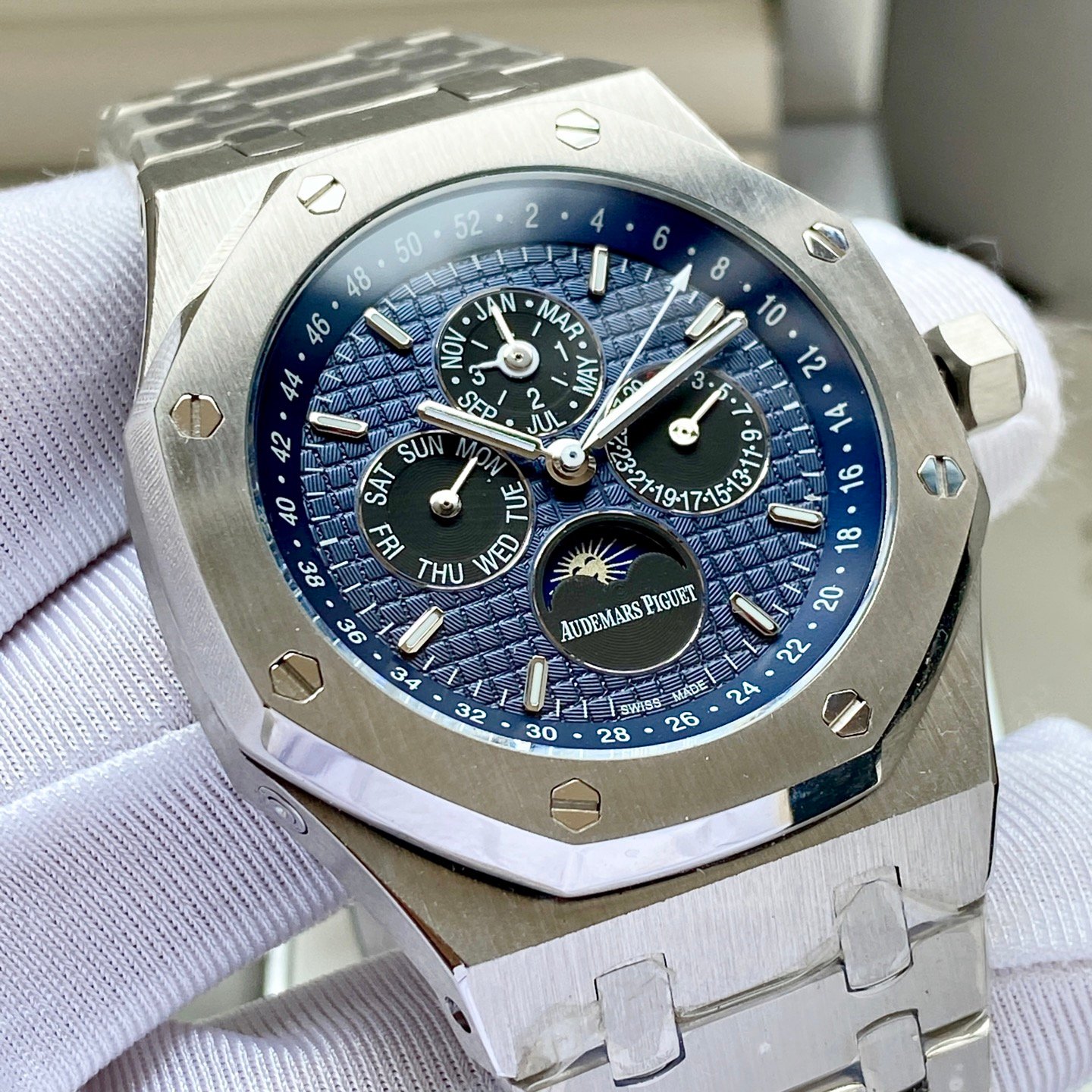 Audemars Piguet Royal Oak series, a perpetual calendar wristwatch with complex functions. Model: 26574ST.OO.1220