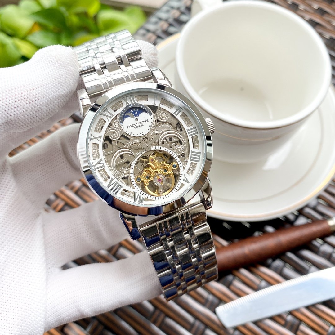 Patek Philippe men's luxury watches feature a classic design with a large flywheel, showcasing exquisite craftsmanship and exuding a noble aura